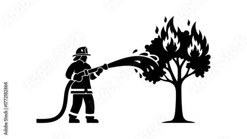 Firefighter extinguishing tree fire with transparent background