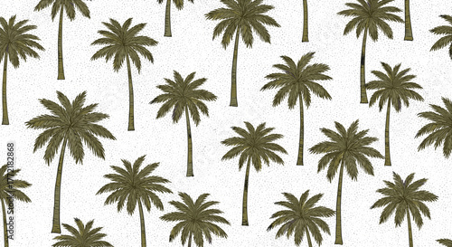 Seamless pattern of vintage-style palm trees on a white background with a subtle textured overlay, creating a tropical and exotic design.