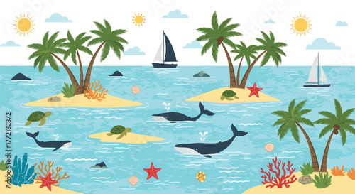 Tropical ocean scene with islands, palm trees, marine life including whales and sea turtles, and sailboats under a sunny sky.