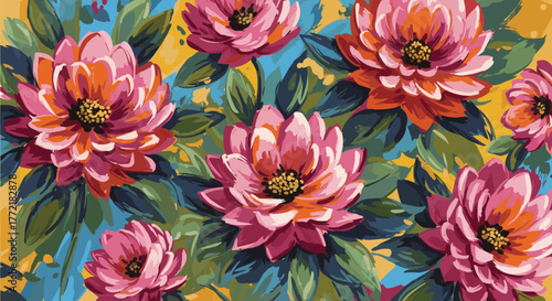 Vibrant and colorful floral seamless pattern with large expressive flowers in shades of pink, orange, and deep red, set against a lively yellow and blue background.