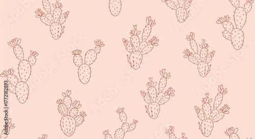 Seamless pattern of hand-drawn prickly pear cacti with delicate blossoms in a reddish-brown outline on a soft pink background.
