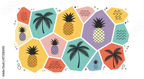 Vibrant tropical summer mosaic background featuring colorful geometric shapes, stylized palm trees, and cheerful pineapples in a lively pattern.