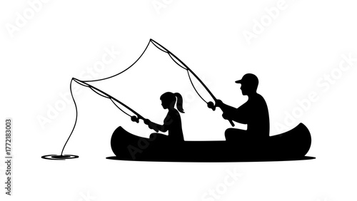 Father and daughter fishing in a canoe with transparent background