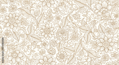 Intricate hand-drawn floral seamless pattern with elegant flowers and leaves, offering a vintage botanical aesthetic for various designs.