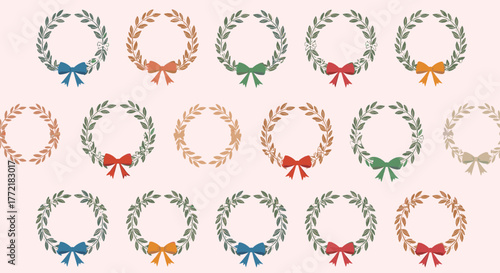 Seamless pattern of decorative botanical wreaths with colorful bows on a light pink background, suitable for seasonal and festive design.
