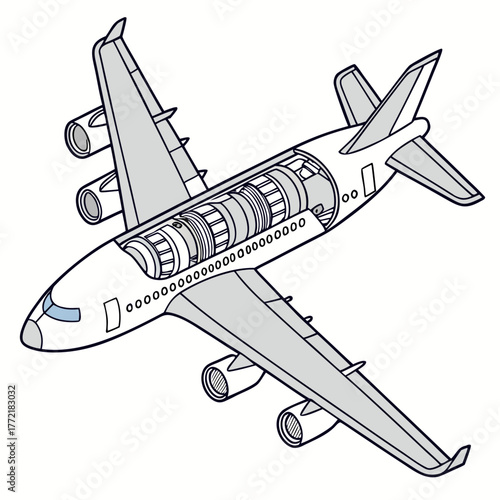 An isometric illustration of a commercial airplane with its fuselage cutaway revealing the complex internal engine components and fuel tanks for detailed mechanical study