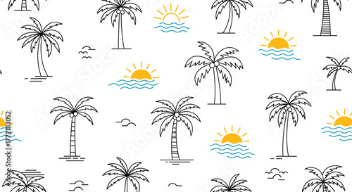 Seamless pattern with hand-drawn outline palm trees, suns, and waves on a white background, perfect for tropical designs.