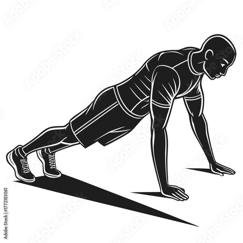 Athletic man performing a push up exercise in a dynamic silhouette illustration showcasing strength and fitness training for a healthy lifestyle