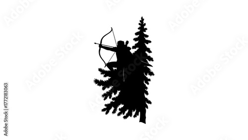 Archer hunting from pine tree with transparent background