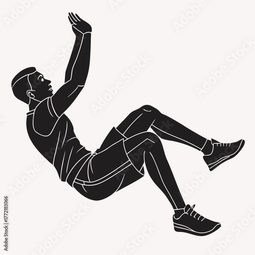 Athletic man performing a core exercise sitting up with legs bent and arms raised in a dynamic silhouette illustration for fitness and health concepts