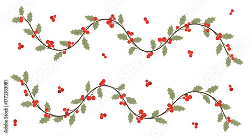 Elegant two-line holiday garland design with traditional green holly leaves and bright red berries on winding branches.