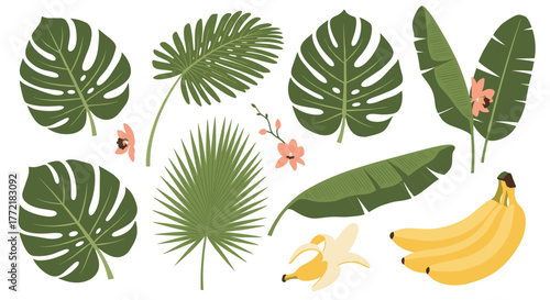An illustrative set featuring various green tropical leaves, delicate pink flowers, and ripe yellow bananas, evoking a jungle ambiance.