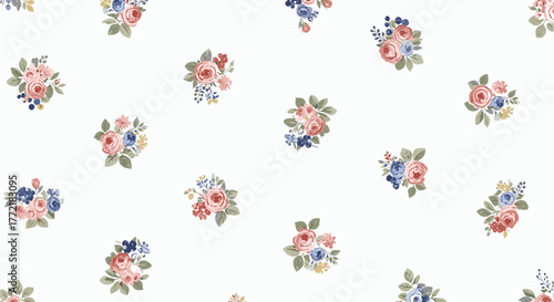 Seamless pattern with delicate watercolor bouquets of blush pink and blue roses, complemented by green leaves on a clean white background.
