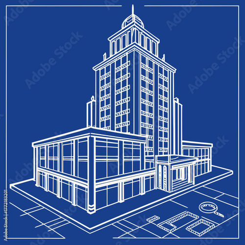 Detailed architectural blueprint illustration of a modern skyscraper with a lower wing and surrounding grounds featuring a magnifying glass and layout plans on a vibrant blue background