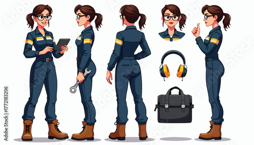 Female mechanic in work jumpsuit with tools and equipment
