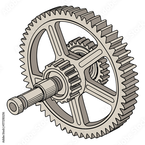 Detailed illustration of a mechanical gear system with multiple interlocking gears and a shaft showcasing precision engineering and complex machinery components