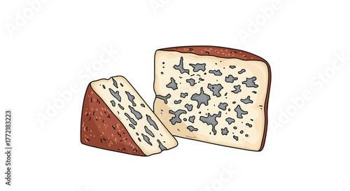 An illustration of two pieces of blue cheese, a wedge and a block, showcasing their distinctive blue mold veins and textured brown rind.