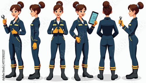 Female mechanic character set in uniform with tools