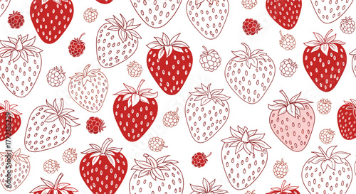 Artistic seamless pattern featuring hand-drawn red and outline strawberries and raspberries.