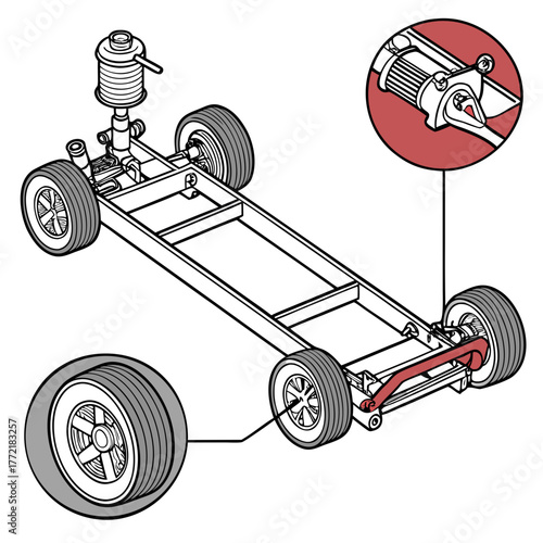 Detailed isometric illustration of a vehicle chassis with highlighted suspension components wheels and a winch mechanism for mechanical engineering and automotive design concepts