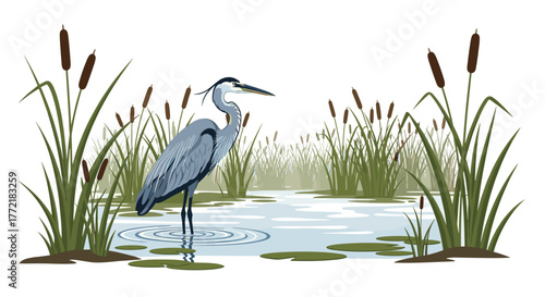 A majestic great blue heron stands gracefully in a peaceful wetland environment, surrounded by tall cattails and calm water.
