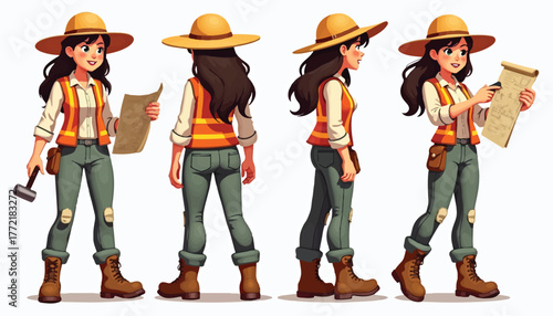Female surveyor character set with tools and maps woman