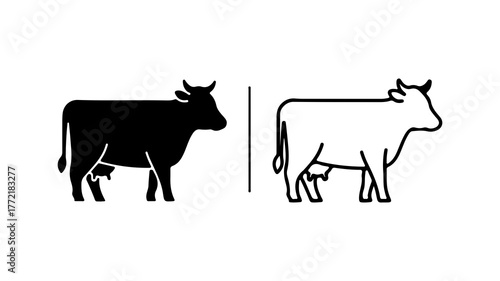 Cow icons with outline and solid fill with transparent background