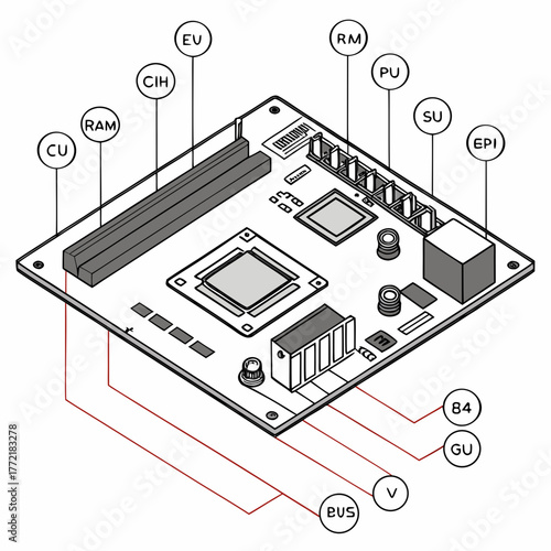 Diagram illustrating a simplified computer motherboard with labeled components and connections for educational or technical documentation purposes
