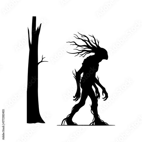 Dark creature silhouette near bare tree with transparent background