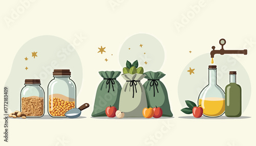 Food ingredients and liquids in jars bags and bottles