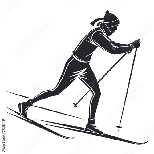 Dynamic silhouette of a cross country skier in motion capturing the thrill of winter sport and athleticism