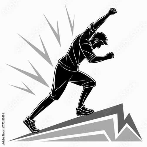 Dynamic silhouette of a determined athlete in motion ascending a stylized mountain peak with energetic streaks symbolizing speed and effort