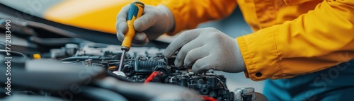 Technician performing maintenance on car engine with tools and safety gloves in a workshop, detailed professional automotive repair work scene
