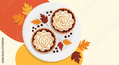Delicious autumn tarts with delicate swirled meringue toppings, served on a white plate surrounded by colorful fall leaves.