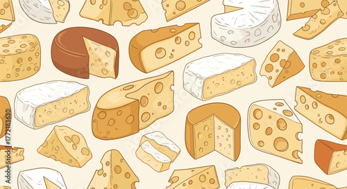 Hand-drawn seamless pattern featuring an assortment of various cheese types on a light background.