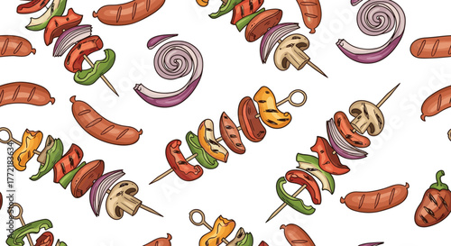 Colorful hand-drawn seamless pattern with grilled sausages, bell peppers, onions, and mushrooms on skewers, perfect for barbecue themes.