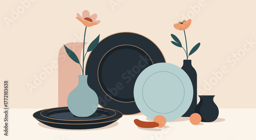 A modern still life illustration featuring ceramic plates, vases with flowers, and breakfast food items on a table.