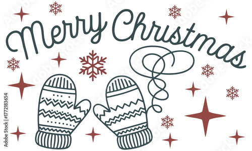 Merry christmas greeting illustration with winter mittens and snowflake decorations
