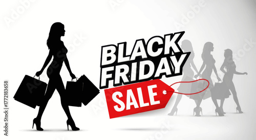 Black friday sale with silhouette of woman carrying shopping bags