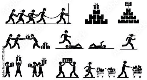 Black and white stick figures depicting consumerism