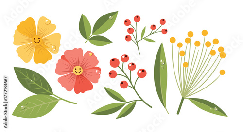 A cheerful collection of illustrated spring and summer flora including happy flowers, fresh leaves, and vibrant berries.