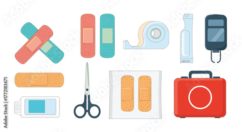 Various essential first aid and medical supplies, such as adhesive bandages, medical tape, scissors, and a kit.