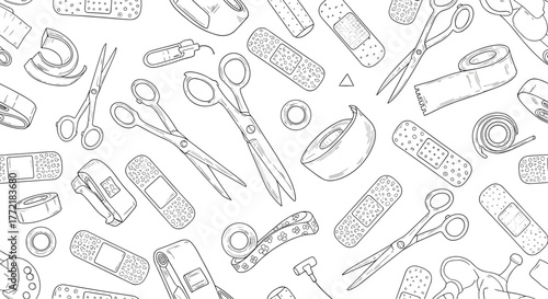 A detailed seamless pattern featuring an array of essential first aid and medical supplies, rendered in a hand-drawn line art style, perfect for healthcare design.