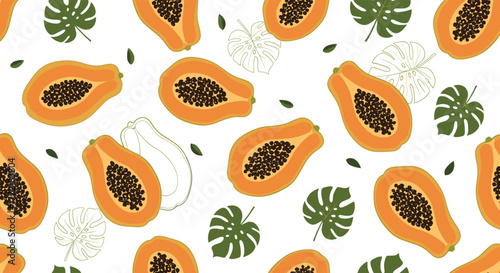 Seamless pattern with fresh papayas, some cut to reveal seeds, vibrant green tropical monstera leaves, and small foliage on white.