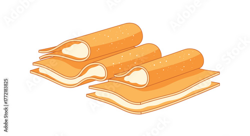An illustration of sweet crepes with creamy filling, some rolled and others layered, depicting delightful dessert snacks.