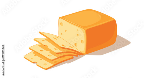 A vibrant cartoon illustration displays a partially sliced block of yellow cheese with holes, featuring neatly stacked slices ready for a meal.
