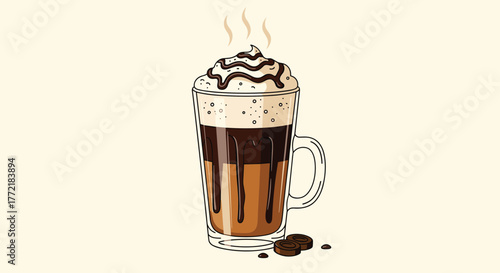 Vibrant hand-drawn illustration of a steaming hot coffee or chocolate drink in a glass mug, topped with whipped cream and rich chocolate syrup.