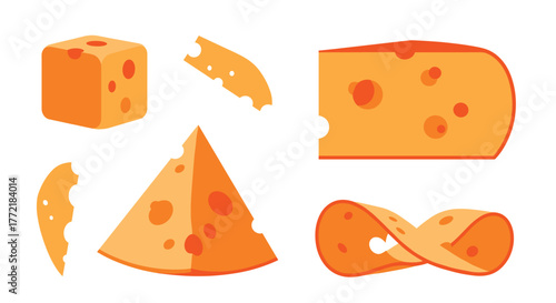 An assortment of cartoonish orange cheese shapes, including a block, a triangular wedge, a flat slice, and a folded piece, with characteristic holes.