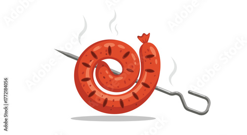 A sizzling grilled spiral sausage on a metal skewer with subtle smoke rising, depicted in a vibrant cartoon illustration on a white background.
