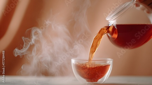 Amber tea pouring from glass teapot into clear glass cup with steam beverage drink